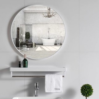 費歐家 北歐簡約太空鋁浴室圓鏡 40cm + 置物架, 白色