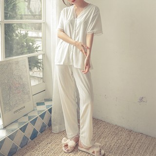 2'nd Pink 女款清純佳人短袖襯衫長褲睡衣上下套裝 914