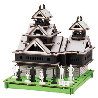 Hacomo PUSU 3D系列 熊本城紙模型 免膠水療癒系DIY拼圖 精緻模型擺飾, 1個, 熊本城 黑色 + 白色 + 綠色, 120片