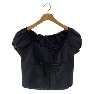 時尚黑 女款 珍蔚娜 蕾絲 蝴蝶結 短版 一字領 泡泡袖 短袖 上衣 cpbl5754k53