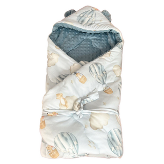 我家寶貝 嬰幼兒純棉豆豆絨連帽抱被 加厚安撫巾 90 x 90cm, 熱氣球 藍色