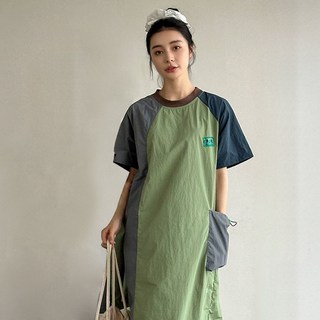 女款C字工裝日常親子裝連身裙, 卡其色