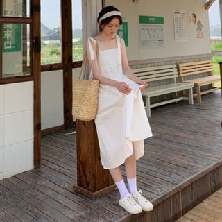 PEONIST 女性寬鬆版型肩帶蝴蝶結百褶長洋裝, 白色