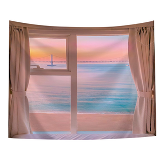 半島良品 居家裝飾掛布 附無痕釘2個 + 倒鉤夾2個, 窗景 + 海景晚霞, 1件