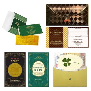 Lucky Symbol 致富禮物 高額支票 高級奢華信封 + 高級黃金紙鈔 + 黃金硬幣 + +24k 黃金貼紙 + 四葉草鮮花 致富種子基金 1億組合, 混合顏色, 1套