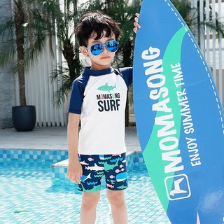 momasong 男童分體泳衣 短袖上衣 + 泳褲 有綁帶 + 帽,深藍字母鯊魚,舒適透氣, 7