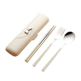 couselect 蝴蝶結304不鏽鋼便攜餐具3件組, 1組, 筷子 + 勺子 + 叉子, 黃色