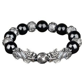 Eopik 貔貅黑曜石唵嘛呢叭咪吽手鍊 雙貔貅如意珠 珠子 12mm, 1個, 混合色