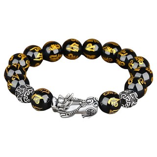 Apick 貔貅黑曜石唵嘛呢叭咪吽手鍊 單貔貅金粉串珠 12mm, 1個, 混合顏色