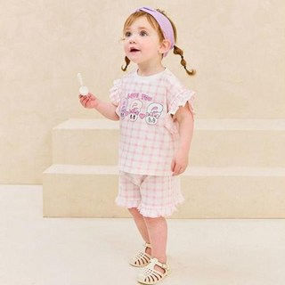 milkmile 女童透氣Esther Bunny Love You格紋荷葉邊上下裝套組