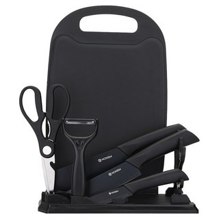 노뉴 캠핑주방 멀티 칼 7종 세트 블랙, 1세트, 칼 4종 + 가위 + 도마 + 칼 거치대