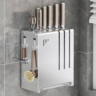 couselect 不鏽鋼刀架 廚房置物架/刀具收納架/瀝水架/菜刀架/常規刀架 檯面/壁掛兩用 18.3 x 11 x 24cm, 1個, 銀色