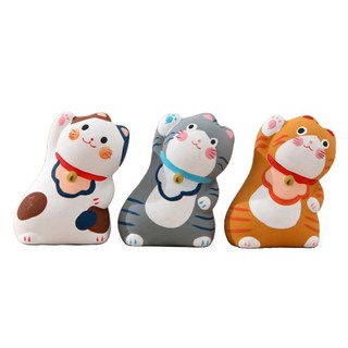 摩達客 祈願招福 體操伸展招財貓迷你陶瓷開運擺飾三件組, 可愛療癒居家擺設, 5 x 5 x 6cm, 白色 + 灰色 + 棕色