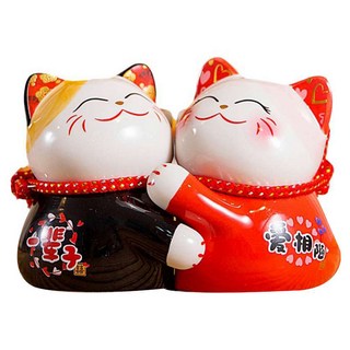 摩達客 春節開運招財抱抱招財貓 陶瓷擺飾, 16 x 10.5 x 11cm, 紅色 + 黑色