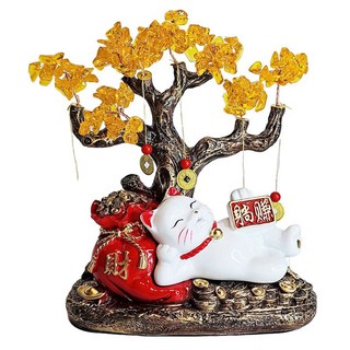 摩達客 開運招財 金銅錢發財樹躺賺招財貓福袋擺飾, 金色 + 紅色 + 白色