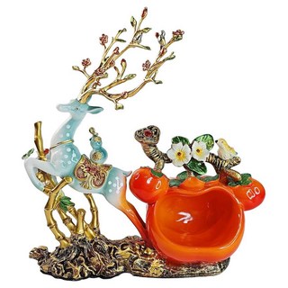 摩達客 開運招財鹿柿子擺飾 吉祥如意金錢洞收納裝飾 增添居家藝術氣息, 藍白色 + 橘色, 33 x 13 x 35.5cm