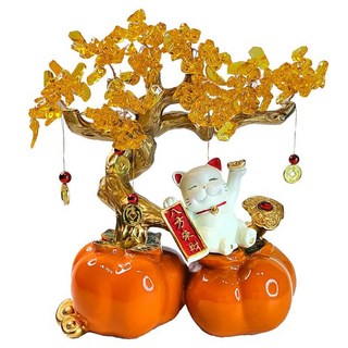 摩達客 開運招財 雙份柿柿如意八方來財招財貓金錢樹擺飾, 橘色