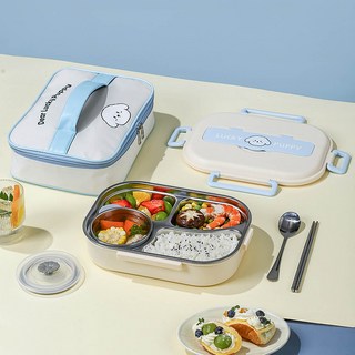可愛粉貓304不鏽鋼分格便當盒含餐具+湯碗 安全無毒, 1組, 小四格藍狗+餐袋(藍狗)