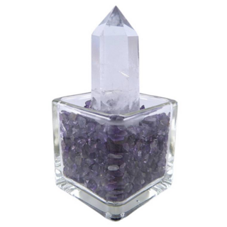 advance jewel 寶峻晶石館 白水晶柱紫水晶碎石盆 開運擺件, 玻璃盆5.5 x 5cm + 白水晶柱6~8 x 2~3cm, 白色