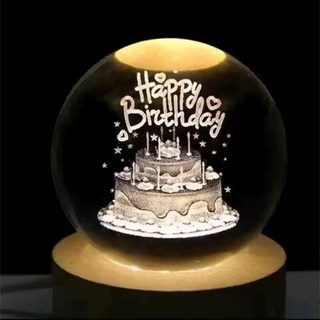 ALL SPLENDID 生日蛋糕 水晶球 6cm + USB實木燈座 7 x 2cm, 單色暖光