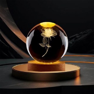 ALL SPLENDID 單朵玫瑰花 水晶球 6cm + USB實木燈座 7 x 2cm, 單色暖光