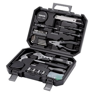 九旬 60合一工具箱, 羊角槌 + 批頭 10個 + 3米捲尺 + 內六角板手 5個 + 數顯電筆 + 美工刀 + 電工膠布 + 收納工具箱 + 8吋活動板手 + 多用接桿 + 7~10mm套筒 + 零件盒 + 鋼絲鉗 + 3mm螺絲刀一字十字, 1組