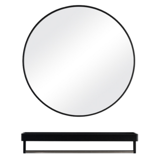 北歐簡約太空鋁浴室圓鏡 + 置物架 40cm, 黑色