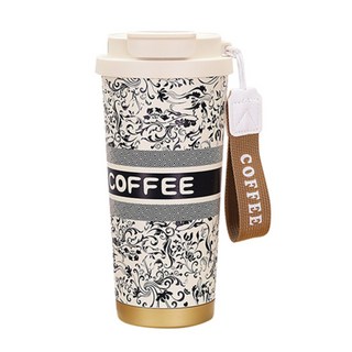 316不鏽鋼雙飲晶瓷咖啡隨行杯 帶茶倉款 18.5 x 9.2cm, 白鈴蘭紋, 500ml, 1個