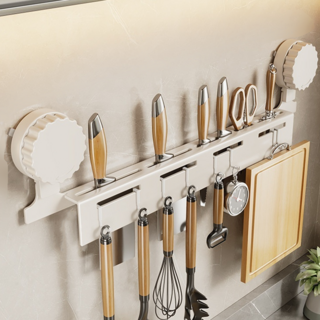 couselect 吸盤式廚房壁掛刀架 廚具置物架 鍋鏟 刀具瀝水架 廚房收納掛鈎 8鈎 50cm, 奶白色, 1個