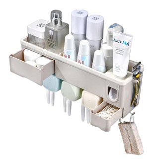 多功能牙刷杯收納置物架 3杯款 壁掛式浴室收納 漱口杯架 自動擠牙膏器, 1個