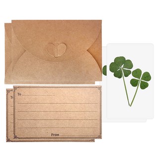 幸運象徵 幸運四葉草真花 招財五葉草真花 雙層護貝卡 2入 + 愛心牛皮紙信封 2入 + 牛皮紙留言卡 2入 套組, 混色, 1套