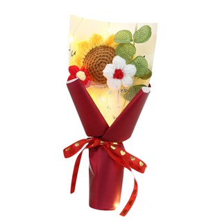 六分埔禮品 LED編織向日葵小花綠葉花束, 紅色, 1個