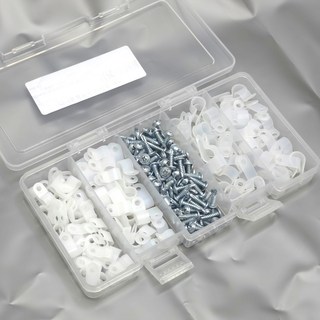 강우상사 케이블 클램프 + 피스 플라스틱팩 세트, 1세트, 흰색 + 은색