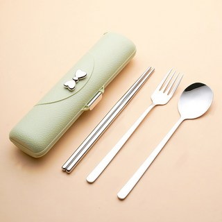 couselect 蝴蝶結304不鏽鋼便攜餐具3件組, 1組, 筷子 + 勺子 + 叉子, 綠色