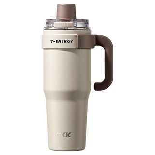 TKK T-One 彈蓋冰壩杯 運動隨身杯 握把式 保冰/保溫 316不鏽鋼/陶瓷噴塗 直飲 + 吸管, 沙丘咖, 1.2L, 1個