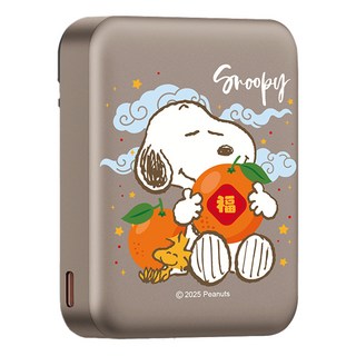 PEANUTS 史努比 魔方三合一無線充行動電源 5000mAh Type-C, 大吉利 棕色, PSN-155