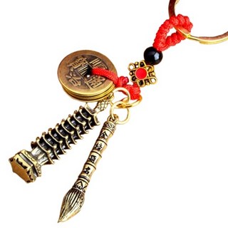 OBL 辟邪開運鑰匙圈 黃銅文昌塔 + 狀元筆 + 紅繩五帝錢 套組, 1套, 混合色