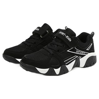 魯路修 兒童款 雙層網眼運動鞋 BC125, 黑色, 235mm，透氣舒適，魔鬼氈設計