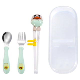 兒童餐具3件組 小鴨款, 收納盒 19.5 x 8.5cm + 學習筷 19.5 x 3.5cm + 叉子 12.7 x 2.5cm + 湯匙 12.7 x 2.8cm, 1組, 淺綠色