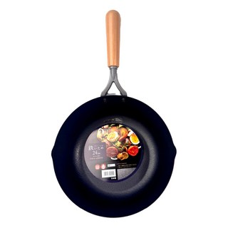 SHIMOMURA 下村 纖維壓紋深炒鐵鍋 IH爐適用, 黑色, 1個, 24cm