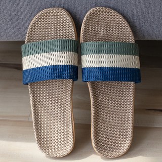 BonBon naturel 男款亞麻透氣涼拖鞋，三色經典條紋居家拖鞋，舒適透氣亞麻材質，輕巧耐磨室內拖鞋，多尺寸可選, S, 藍色, 1雙