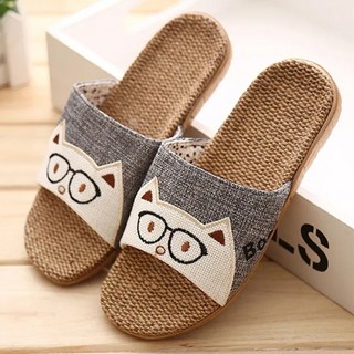BonBon naturel 男款亞麻透氣室內防滑拖鞋 可愛貓咪, S, 棕色, 2雙