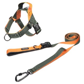 분독 강아지 플레이 카라비너 리쉬 2m + 0109 하네스 세트, 카키오렌지, 1세트