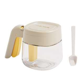 Couselect 一鍵開蓋調味罐 附匙 白色 360ml 單手操作 透明玻璃瓶身, 1個