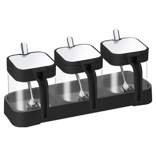 SUNORO 單手開合家用廚房玻璃調料盒3件組 黑色, 1組, 3個調味罐 + 3支勺子 + 1個底座
