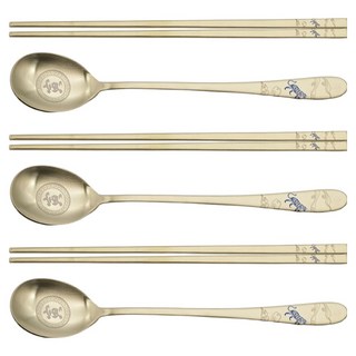 十二生肖虎年鈦金餐具3件組, 1套, 金色, 湯匙 3p + 筷子 3p