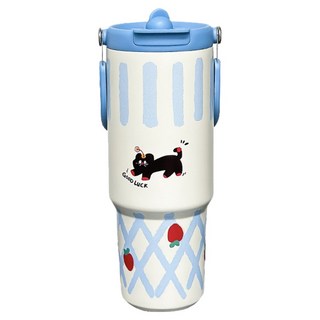 大容量可手提雙飲保溫杯, 黑色小貓, 900ml, 1個