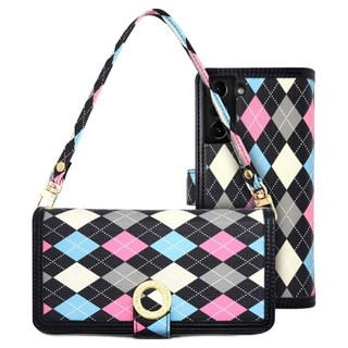 SMC 菱格紋圖案 拉鍊錢包日記本式手機殼 + 手腕帶套組