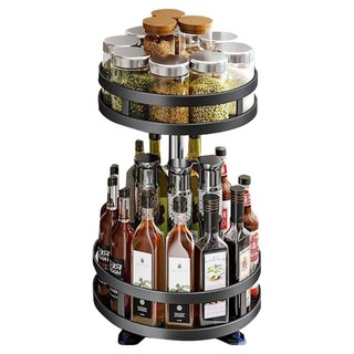 Osun 吸盤金屬雙層調料檯/料理轉盤收納架/廚房置物架 CE480 25 x 25 x 43~59cm, 黑色, 1個