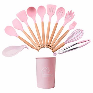 日式櫸木矽膠廚具13件組, 湯勺 + 撈麵勺 + 漏勺 + 油刷 + 平頭勺 + 鍋鏟 + 密勺 + 刮刀 + 漏鏟 + 打蛋器 + 食物夾 + 湯勺墊 + 收納桶, 1組, 粉色